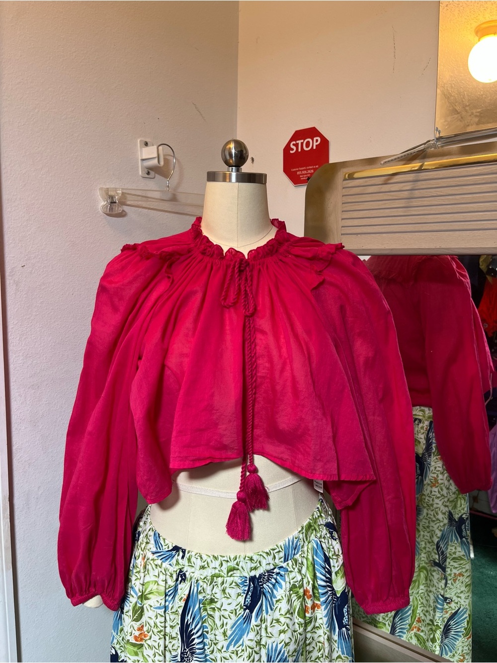 Venus Fuchsia Tassel Long Sleeve Blouse Ruffle Neck Pink Top